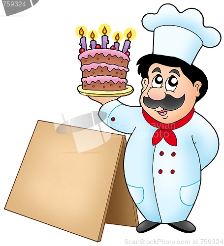Image of Chef holding cake with wooden table