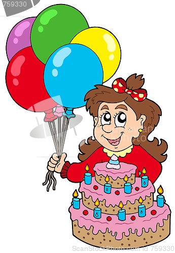 Image of Girl with cake and balloons