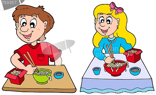 Image of Boy and girl eating Chinese food