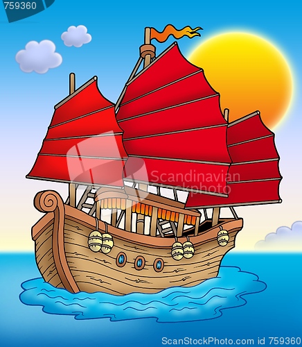 Image of Traditional Chinese ship with sunset