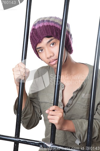 Image of Asian teen behind prison bars