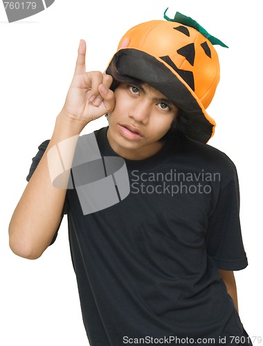 Image of Teenager w pumpkin hat
