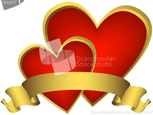 Image of Two red hearts with golden ribbon 