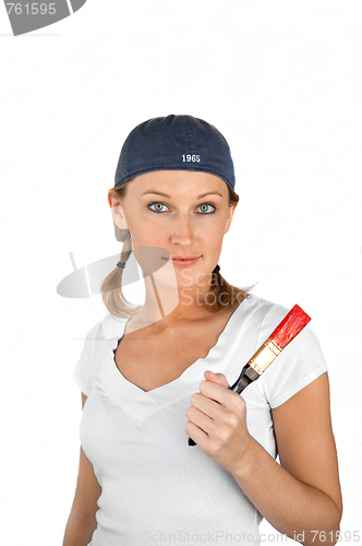 Image of Beautiful girl on white holding paint brush with red paint