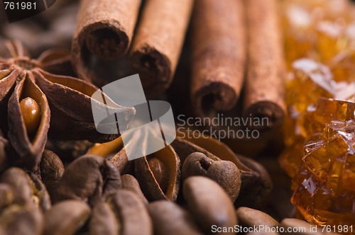 Image of aroma coffe. ingredients. coffe beens, anise, cinnamon, sugar