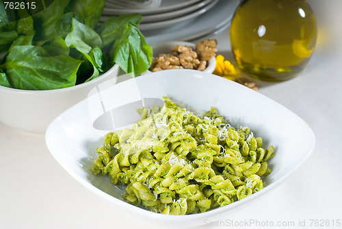 Image of italian fusilli pasta and pesto