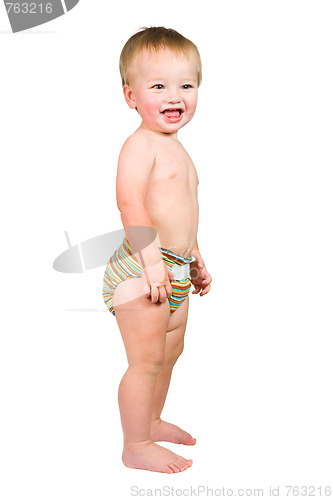 Image of Cute Baby Boy Isolated Wearing Cloth Diaper 