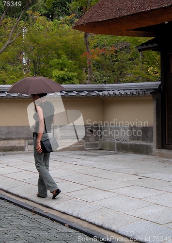 Image of Woman Walking With Umbrella