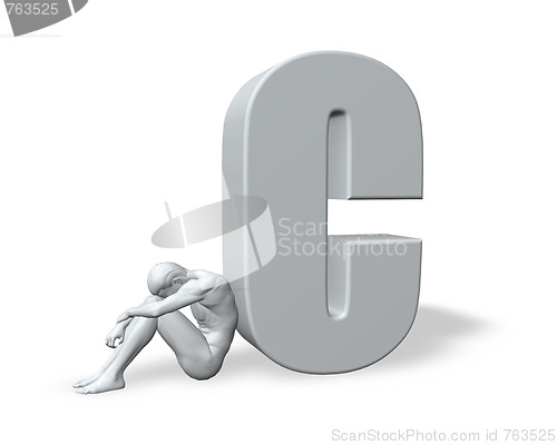 Image of sitting man leans on uppercase letter C