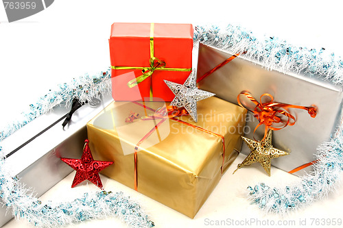 Image of beautiful christmas gifts on white background