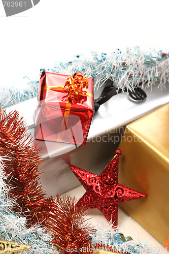 Image of beautiful christmas gifts on white background