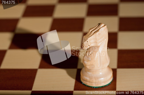 Image of Chess piece - a white knight on a chessboard.