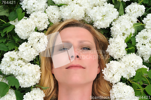 Image of Young woman laying in flowers - snowballs