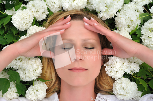 Image of Young woman laying in flowers - snowballs