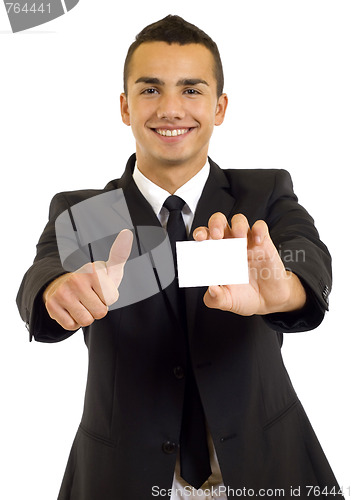 Image of Business man showing a blank business card