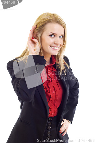 Image of young blond woman listening gossip