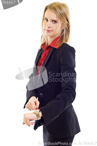 Image of woman pointing at watch and showing time