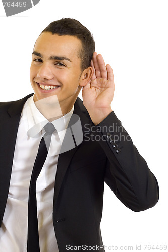 Image of Businessman hold hand near ear