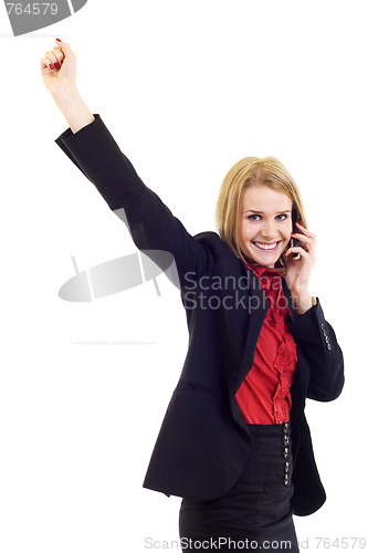 Image of woman with mobile phone and winning