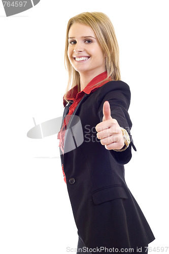 Image of  blond business woman showing thumbs up