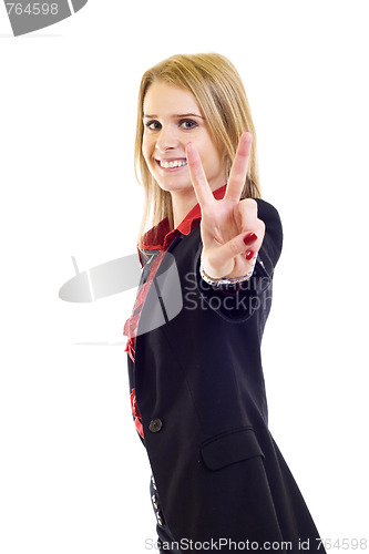 Image of attractive businesswoman victory sign