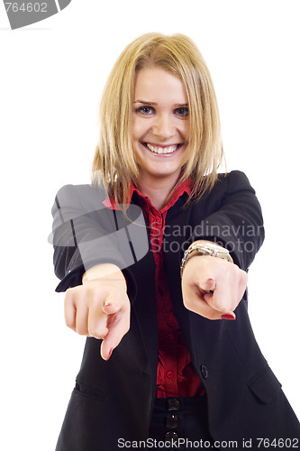 Image of Portrait of a happy business woman pointing