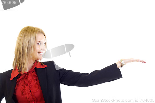 Image of Attractive woman show you something