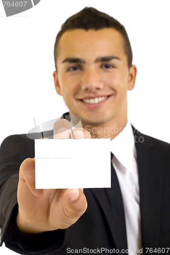 Image of Business man handing a blank business card 