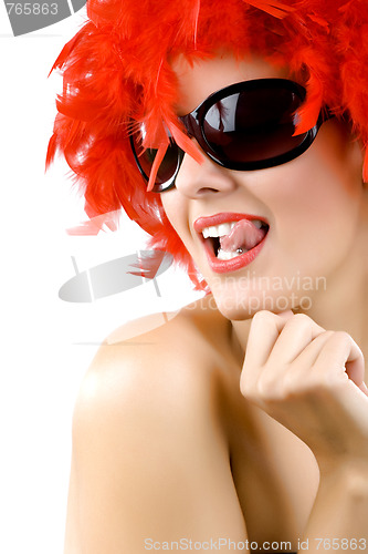 Image of Gorgeous young girl in red feathers