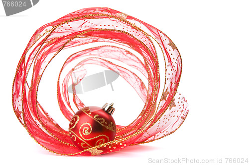 Image of   Red Xmas bauble in a red ribbon Spiral