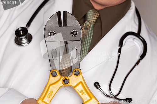 Image of Doctor with Stethoscope Holding A Cable Cutters