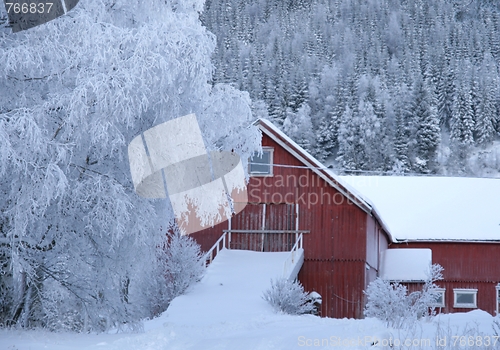 Image of Red barn in winter