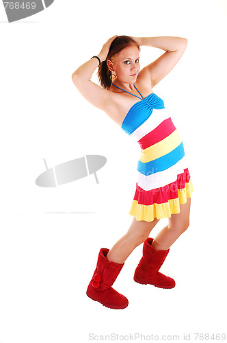 Image of Pretty girl in colorful dress.