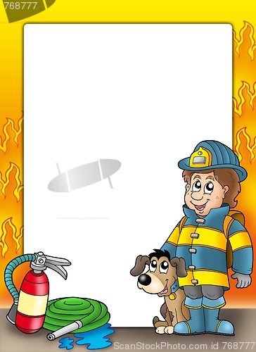 Image of Frame with firefighter and dog