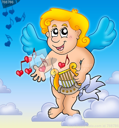 Image of Cupid playing harp on sky