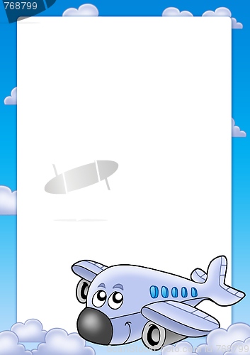 Image of Frame with cute airplane and clouds