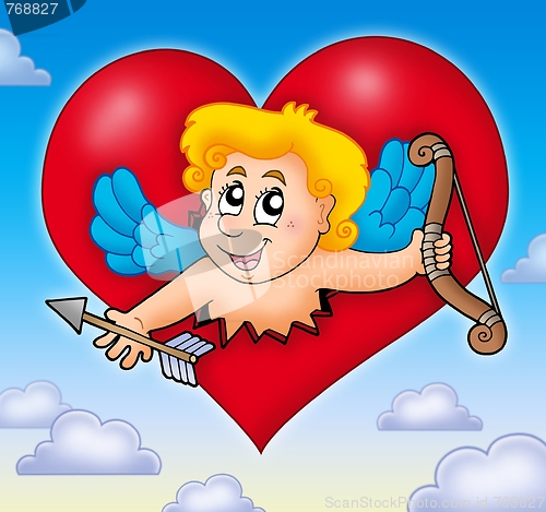 Image of Cupid lurking from heart on sky