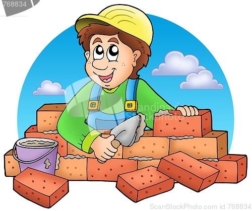 Image of Cartoon bricklayer with clouds