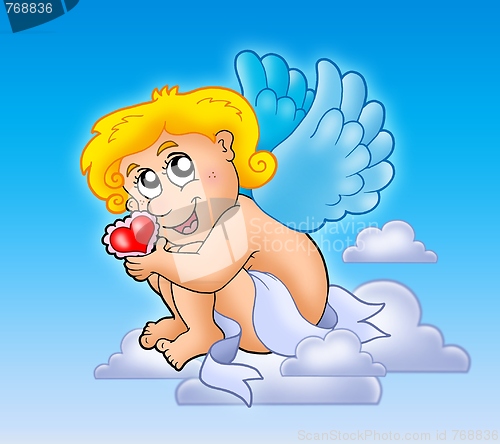 Image of Cupid with heart on blue sky