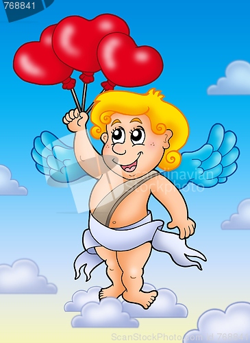 Image of Cupid with balloons on blue sky