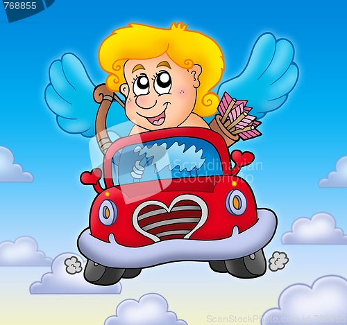 Image of Cupid in red car on sky
