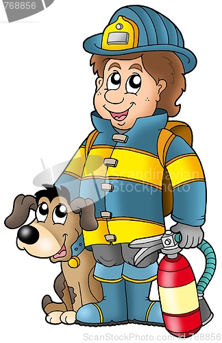 Image of Firefighter with dog and extinguisher