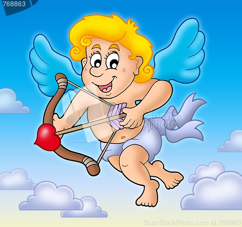 Image of Valentine Cupid with bow on sky