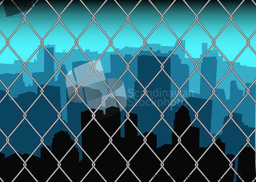 Image of city behind fence