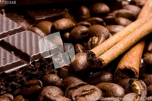 Image of chocolate, coffee and cinnamon sticks