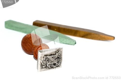 Image of Stamp and sealing wax on white background