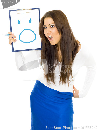 Image of Shocked open-mouthed woman drawing smile