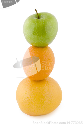 Image of apple, orange and grapefruit pyramid of three fruit