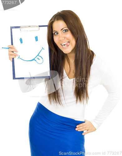 Image of woman drawing smile and hanging out her toungue