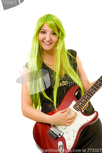 Image of Woman with green hair and guitar